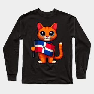 Cat Holding Dominican Republic Flag Long Sleeve T-Shirt